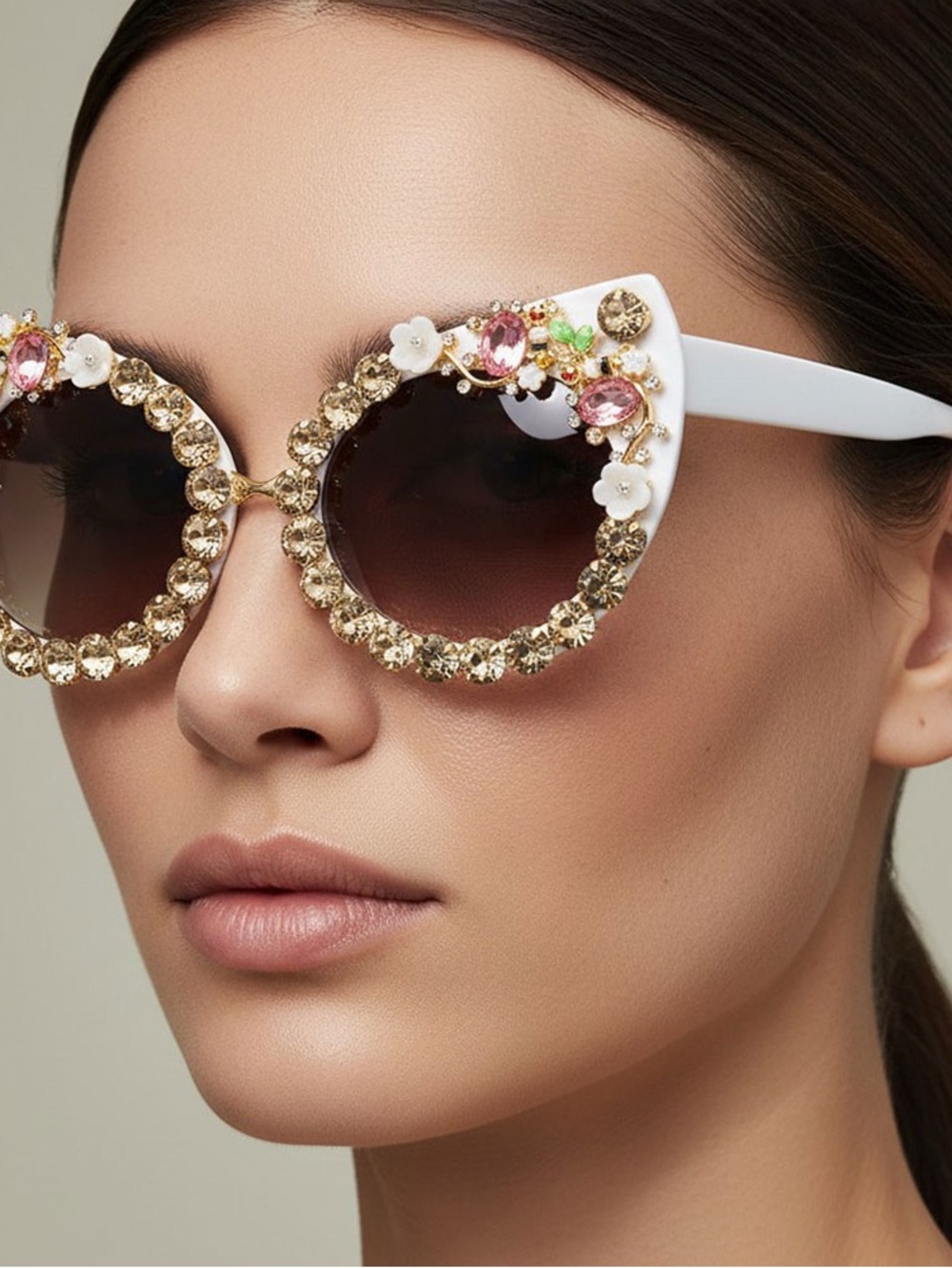 Embellished White Cat-Eye Sunglasses with Gold Crystal Trim